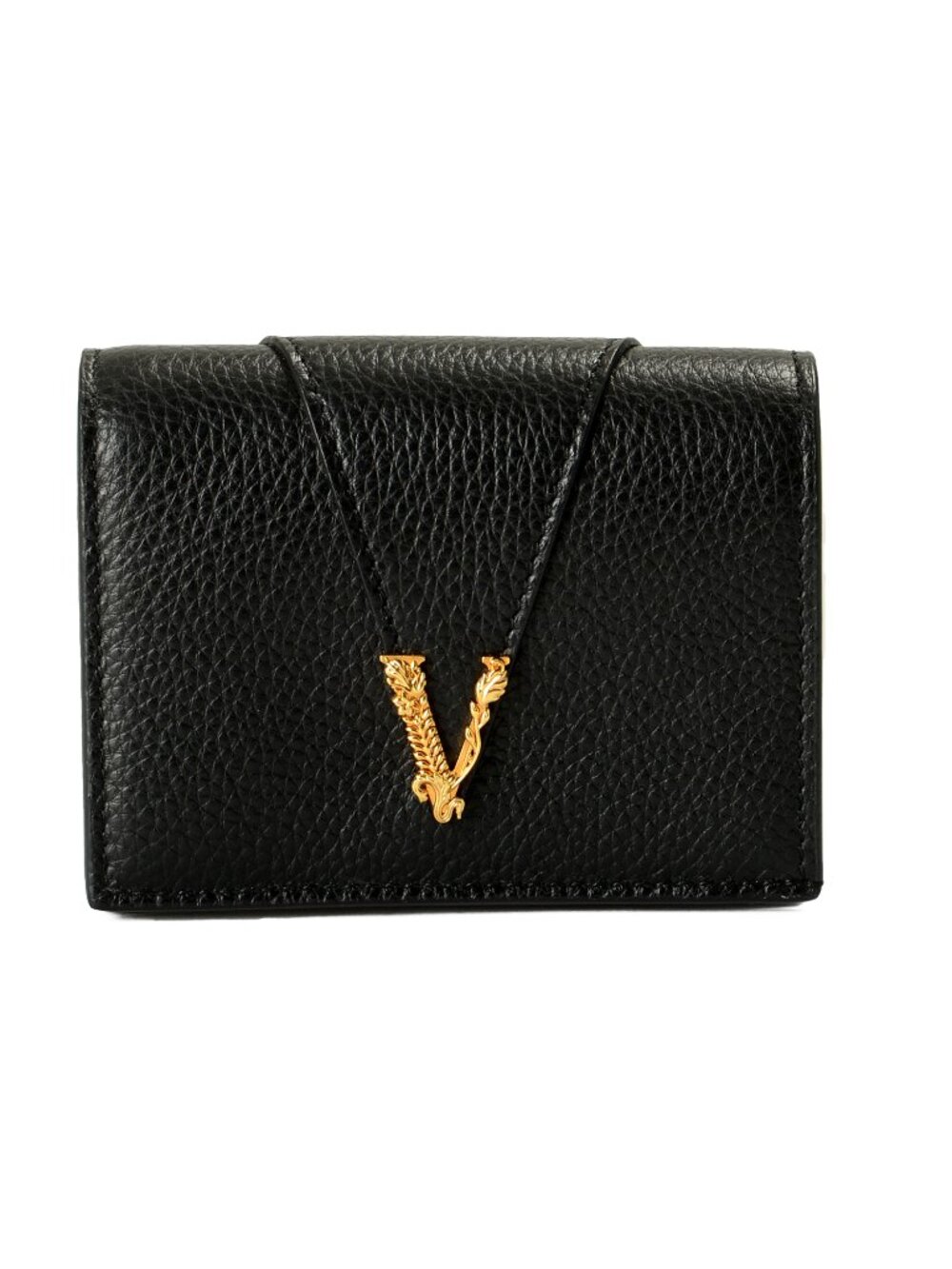 Versace Women's Black 100% Textured Leather Gold V-Logo Compact Wallet